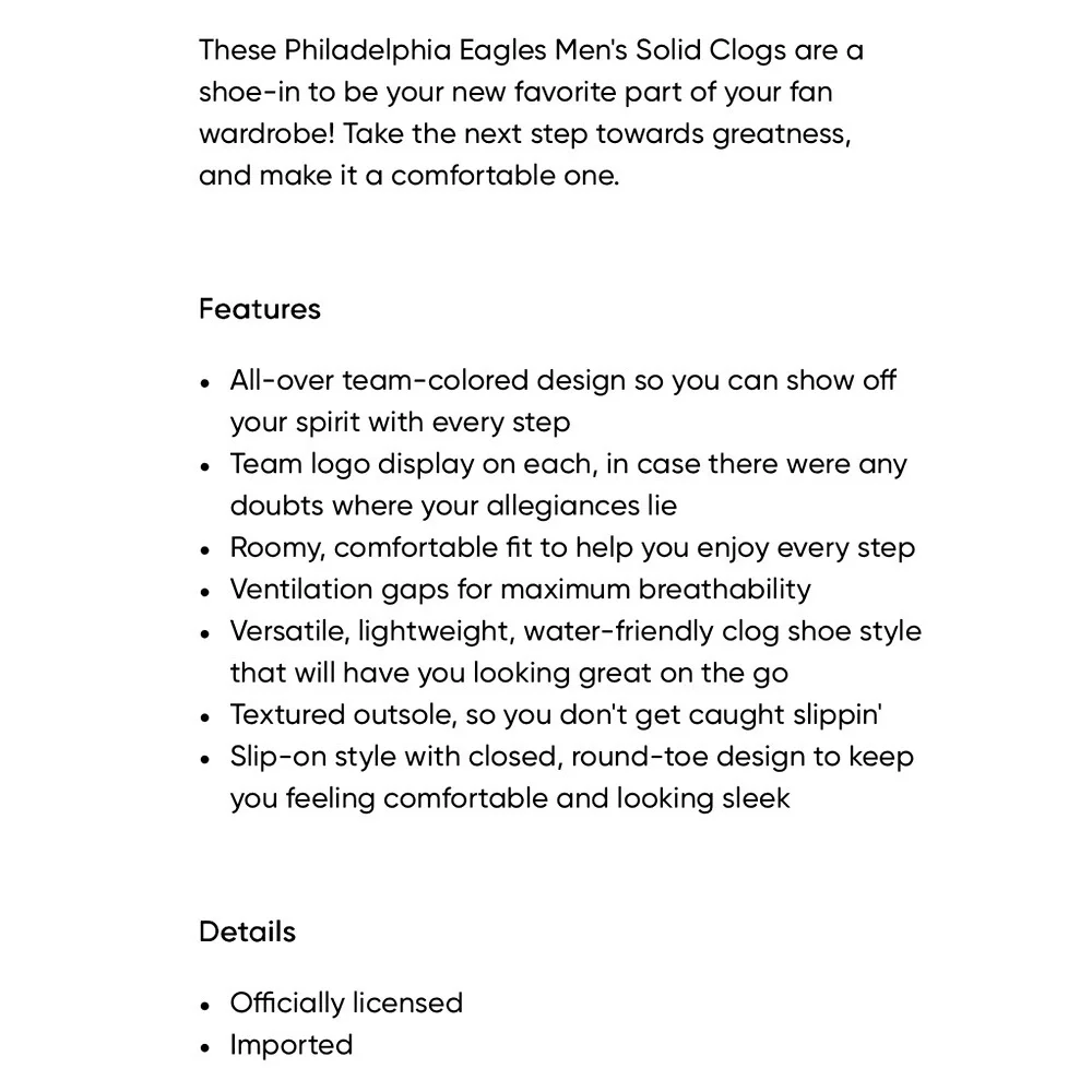 Foco Philadelphia Eagles Solid Clogs